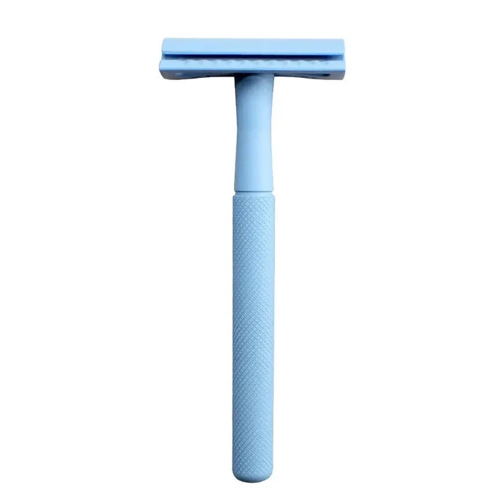 Blue safety razor on a white background