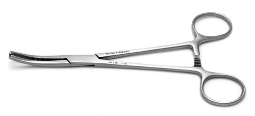 A curved surgical clamp rests on a white background.