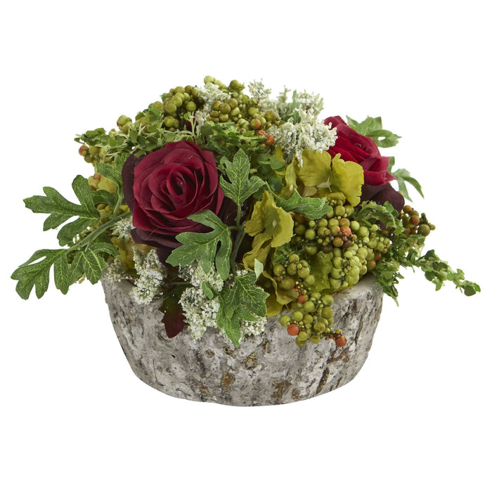 Roses Bouquet Artificial Arrangement in Oak Vase