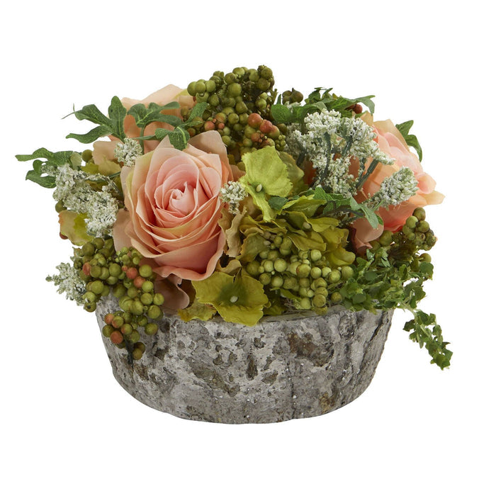 Roses Bouquet Artificial Arrangement in Oak Vase