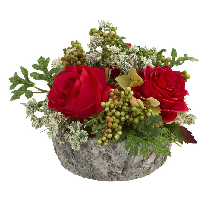 Roses Bouquet Artificial Arrangement in Oak Vase