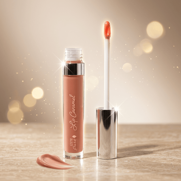 Lip gloss with applicator on a wooden surface with a soft, blurred background