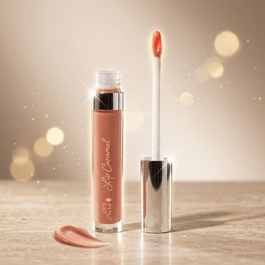 Lip gloss with applicator on a wooden surface with a soft, blurred background