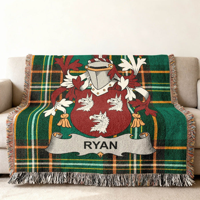 Ryan family crest on an Irish National Tartan woven cotton throw.