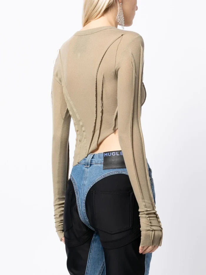 SAMI MIRO VINTAGE Asymmetric Long Sleeve T-Shirt Taupe - MAISONDEFASHION.COM