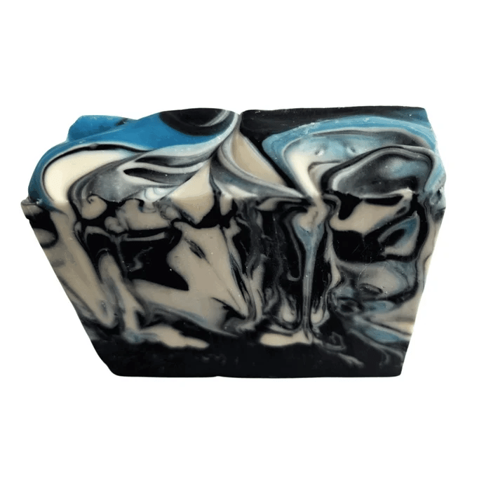 Sandalwood Spirit Bar Soap - Soap Boutique; handcrafted soap bar with swirling blue, black, and cream colors.