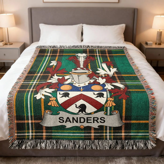 Sanders Irish family crest woven blanket displayed on a bed.