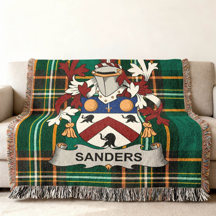 Sanders family crest on an Irish National Tartan woven cotton throw.
