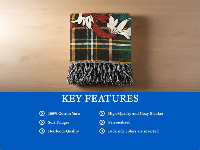 Key features of the Sanders 100% cotton woven blanket with fringed edges.