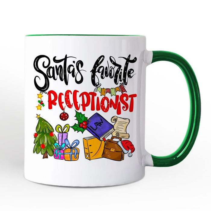 Santa's Favorite Office Receptionist Personalized Mug, Administrator Appreciation Christmas Gift with Custom Name Personalized Ceramic Mug OrnamentallyYou Green Handle Non-Custom