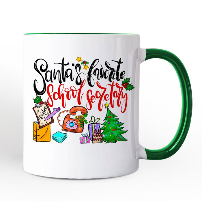 Santa's Favorite School Secretary Personalized Mug, Christmas Appreciation Gift with Custom Name Personalized Ceramic Mug OrnamentallyYou Green Handle Non-Custom