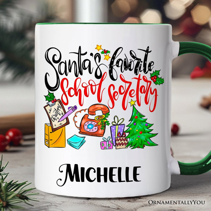Santa's Favorite School Secretary Personalized Mug, Christmas Appreciation Gift with Custom Name Personalized Ceramic Mug OrnamentallyYou Green Handle Customized