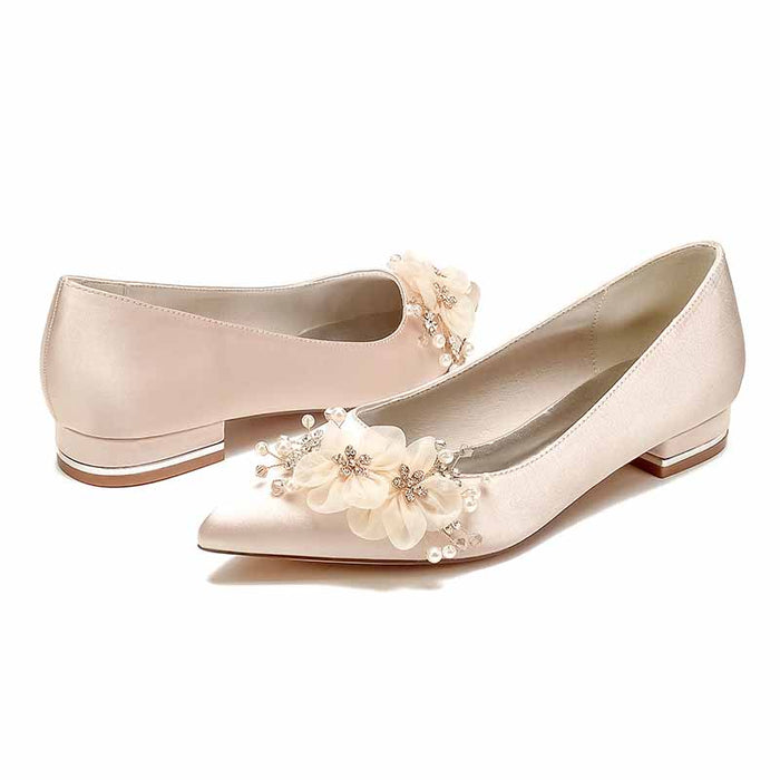 Elegant S&DCo. satin bridal flats for women with floral embellishments and low heel design