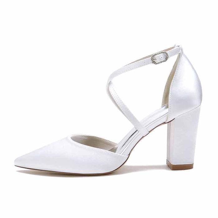 Satin Cross Strap Chunky Heel Classics Wedding Shoes
