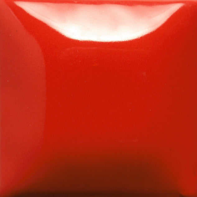 Mayco SC073 Candy Apple Red Stroke & Coat glaze tile, glossy bright red with a wide highlight across the top
