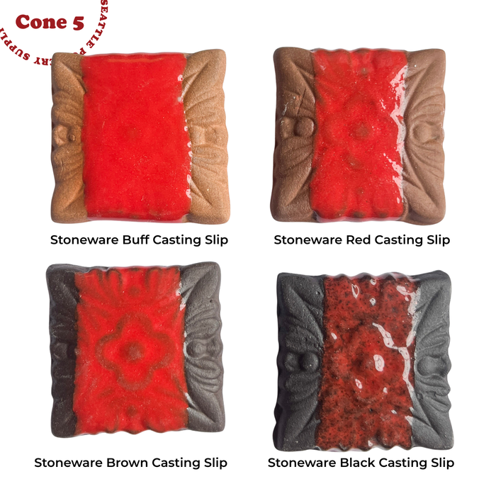 SC073 Candy Apple Red glaze at cone 5 over four stoneware casting slips: buff, red, brown and black test tiles