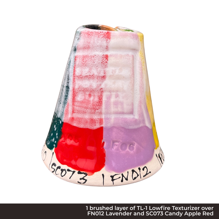 TL-1 Lowfire Texturizer over FN012 Lavender and SC073 Candy Apple Red glazes on a cone-shaped test piece