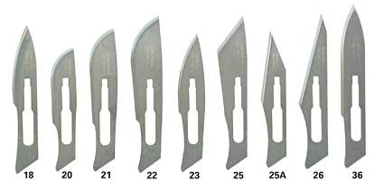 Scalpel blades of varying shapes and sizes are displayed, numbered 18, 20, 21, 22, 23, 25, 25A, 26, and 36. They are shown against a white background.