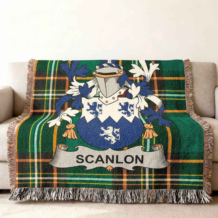 Scanlon family crest on an Irish National Tartan woven cotton throw.