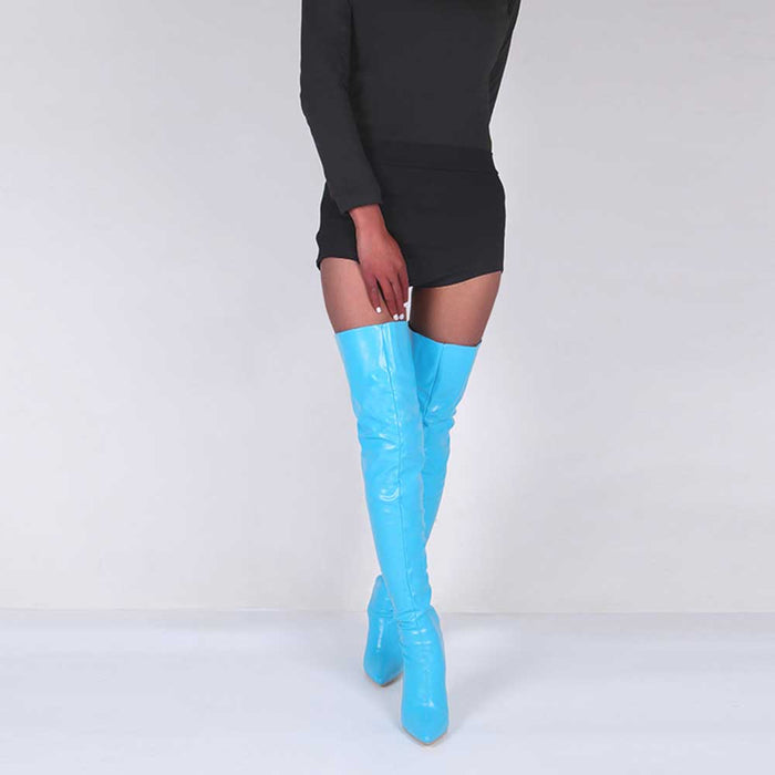 Sexy thigh high boots with heels in blue, perfect for stylish women’s outfits and night outs