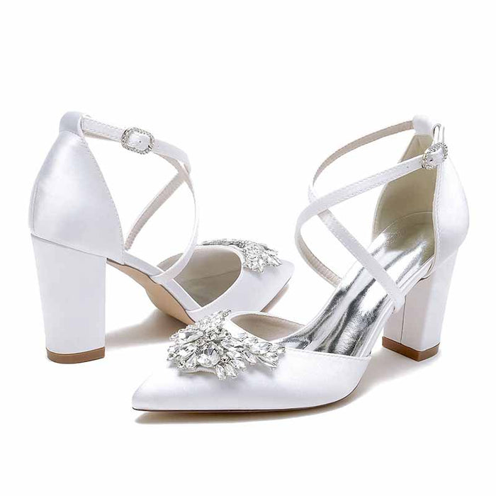 Elegant white women's bridal shoes with rhinestones and stylish block heels