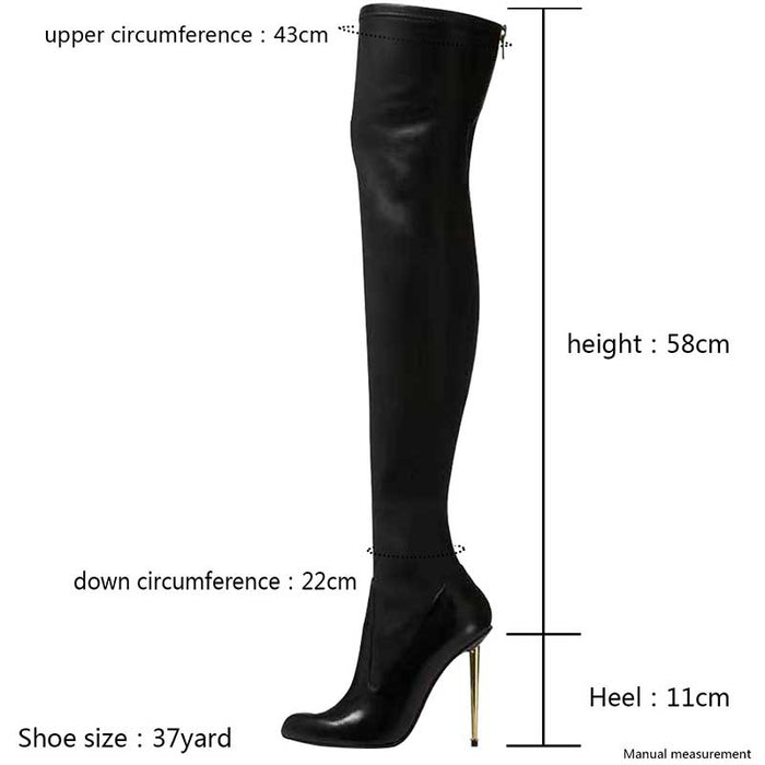 Womens thigh high boots in black with a sleek design and 11 cm heel height