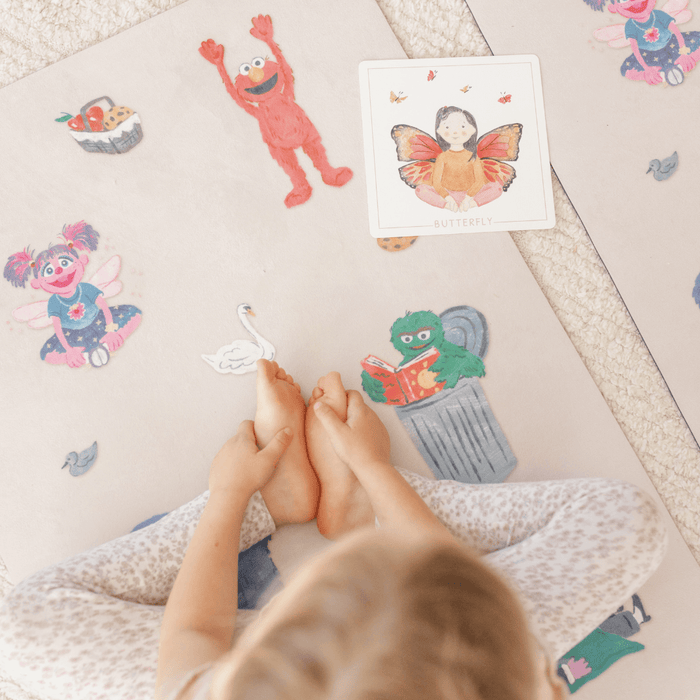 Sesame Street Print Kids Yoga Mat showing characters and yoga flash cards for children's mindfulness activities.