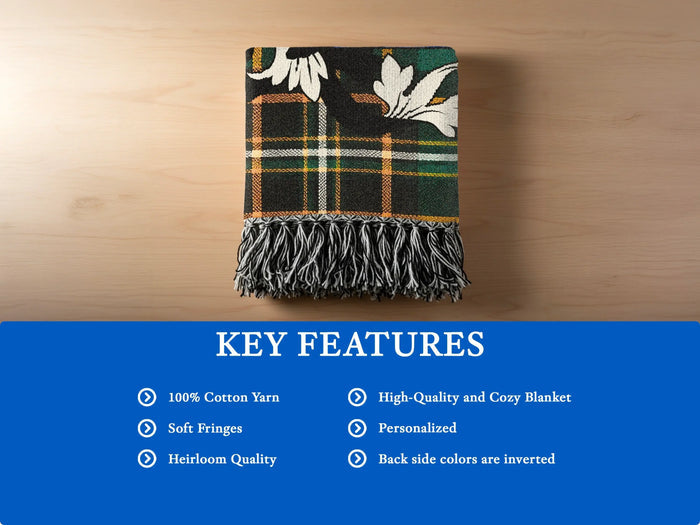 Key features of the Sharpe 100% cotton woven blanket with fringed edges.