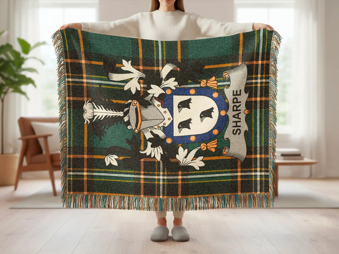 Sharpe family crest tartan woven blanket shown at full scale.