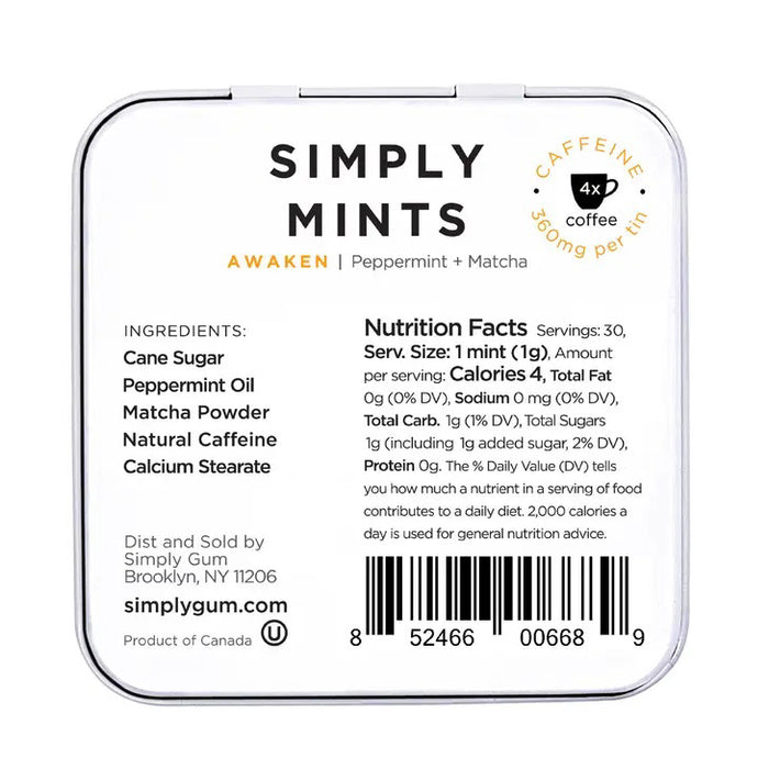 A metal tin labeled "SIMPLY GUM - AWAKEN WITH CAFFEINE MINTS" in large text, with "Peppermint + Matcha" written beneath. The tin features images of green matcha powder and peppermint leaves, and the product weight is 1.06 oz (30g) displayed at the bottom right corner.
