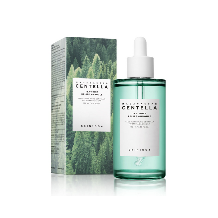 SKIN1004 Madagascar Centella Tea-Trica Relief Ampoule is a non-comedogenic ampoule designed to calm irritated and sensitive skin. Packed with a high concentration of Tea Tree Leaf Water and Centella Asiatica Extract, this ampoule effectively reduces redness and inflammation while promoting skin healing and renewal. Additional ingredients like Tea Tree Leaf Oil and various botanical extracts work synergistically to purify the skin and strengthen its barrier function. Ideal for those with acne-pro
