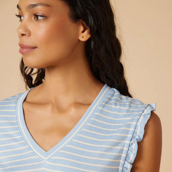 A woman with long wavy hair stands sideways against a beige background wearing the SOFTIES DREAM RUFFLE V-NECK WITH CROPPED PANT IN SKY BLUE STRIPE pajama set and white slide sandals.