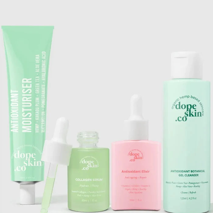 Collection of skincare products from dope skin co on a white background