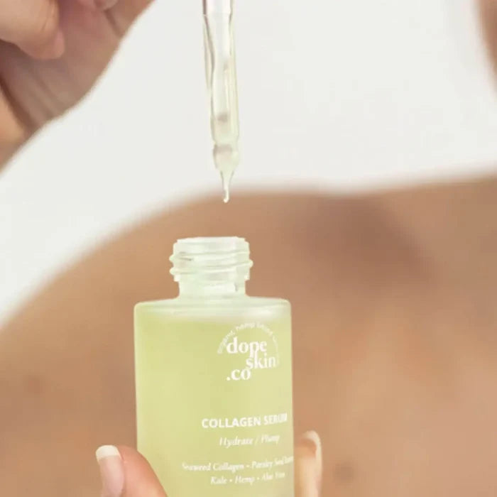 Collagen serum being dripped from a dropper into a bottle labeled 'dope skin co'.
