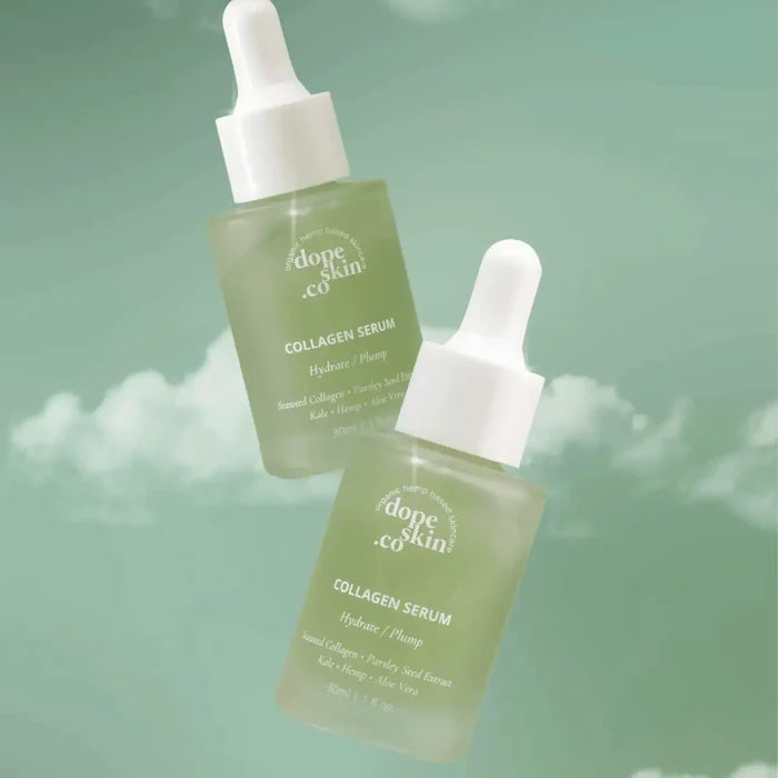 Two bottles of dope skin collagen serum on a light green background with cloud effects.