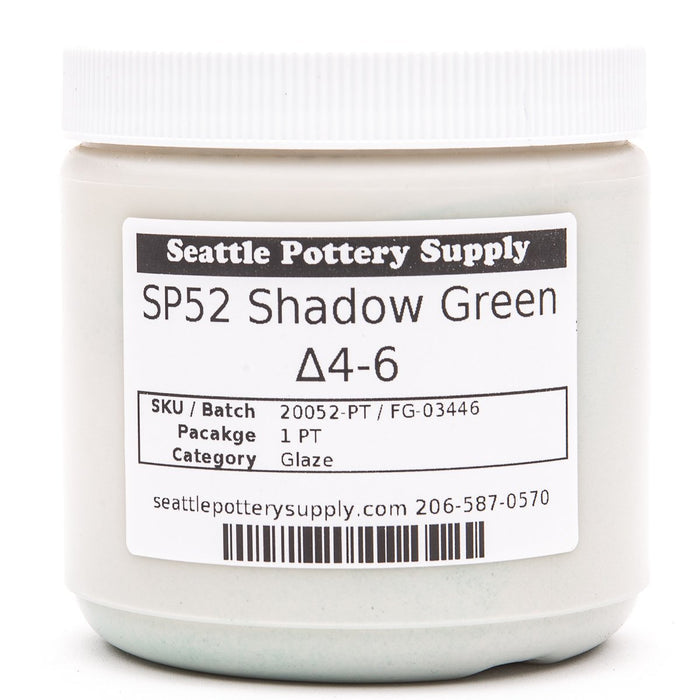 SP52 Shadow Green glaze in a 1 pint jar with white lid and Seattle Pottery Supply label marked cone 4-6