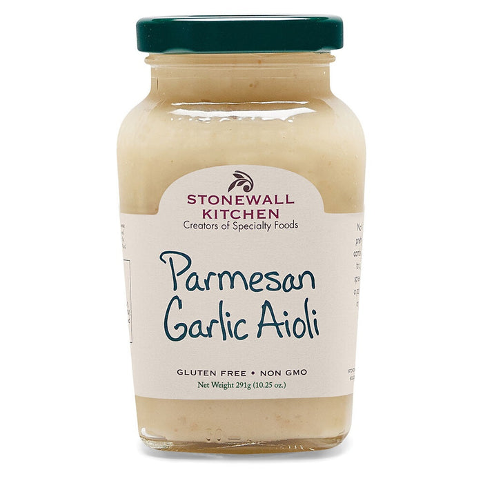 A jar of STONEWALL KITCHEN - PARMESAN GARLIC AIOLI with a green lid. The label indicates it is gluten free, non-GMO, and contains a net weight of 291g (10.25 oz). This rich, Italian-inspired spread from STONEWALL KITCHEN is ideal as a creamy dip or for enhancing your favorite dishes.