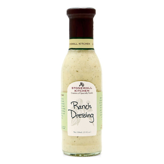 A bottle of STONEWALL KITCHEN - RANCH DRESSING from STONEWALL KITCHEN, featuring a green and white label and a dark brown cap, contains 11 ounces of creamy buttermilk ranch salad dressing.