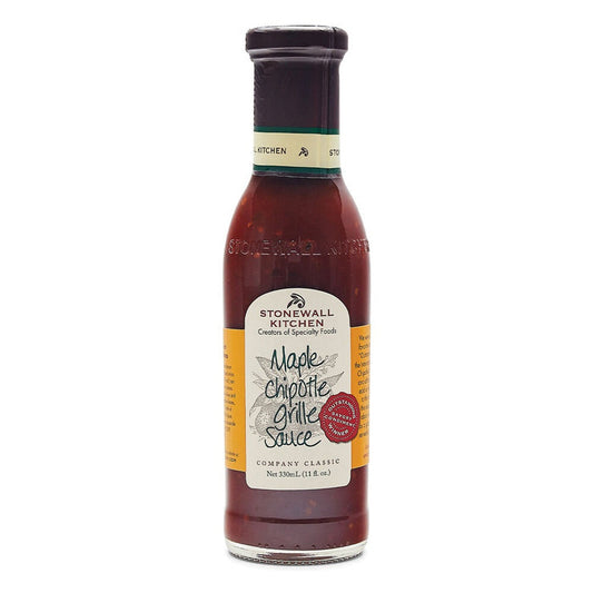 A glass bottle of STONEWALL KITCHEN- MAPLE CHIPOTLE GRILLE SAUCE, featuring a green cap and a cream-colored label with STONEWALL KITCHEN branding and product details—this flavorful sauce is ideal for grilling or as a delicious barbecue accompaniment.