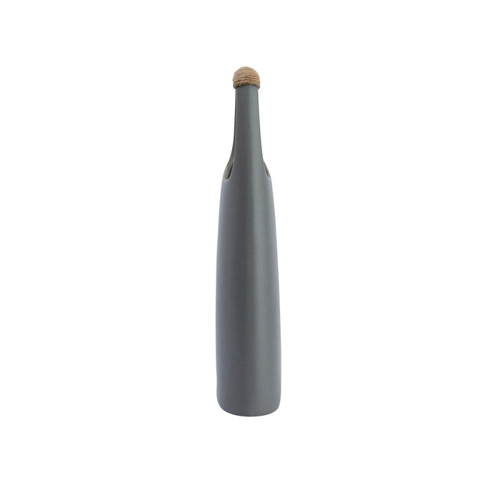 The CREATIVE COOP STONEWARE VASE WITH RATTAN WRAPPED HANDLE, GREY, features a modern matte finish, an oval handle wrapped in natural jute for a minimalist look—perfect as a contemporary decorative centerpiece.