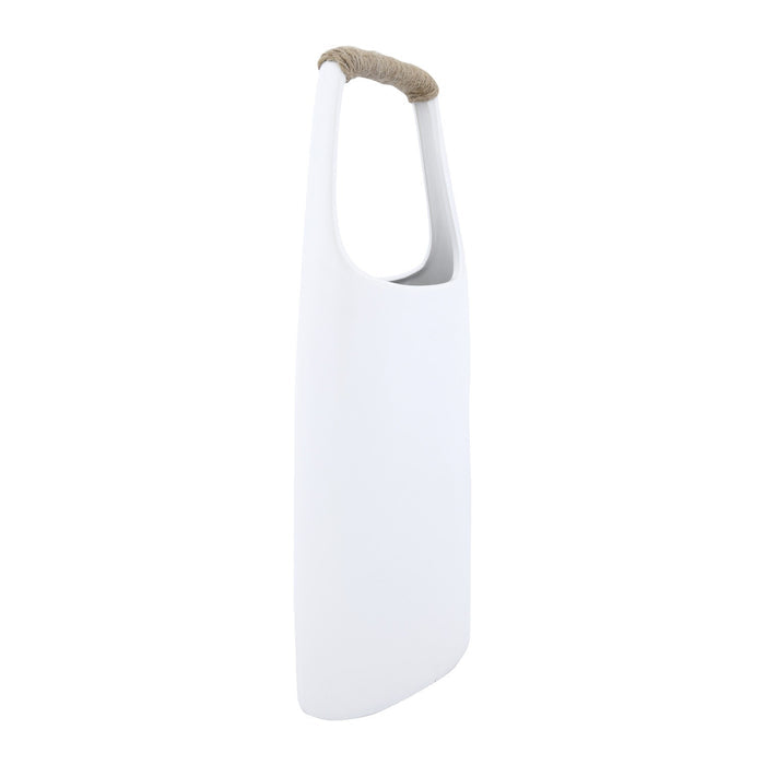 The CREATIVE COOP STONEWARE VASE WITH RATTAN WRAPPED HANDLE in white features a tall, minimalist design with a narrow neck and a rattan-wrapped handle, making it a striking decorative accent for any space.
