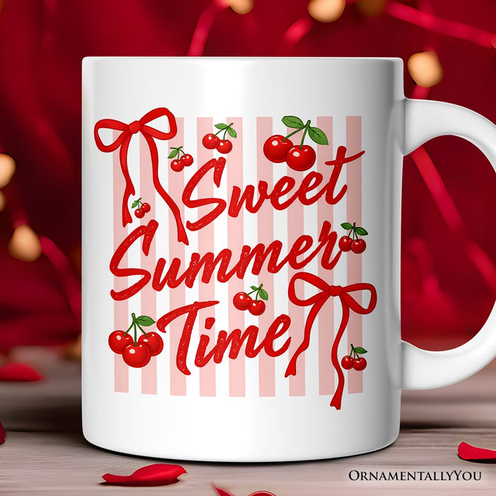 Striped Cherry Sweet Summer Time Mug, Coquette Vacation Gift Personalized Ceramic Mug OrnamentallyYou White Non-Custom