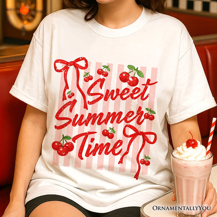 Striped Cherry Sweet Summer Time T-Shirt, Coquette Vacation Tee T-Shirts OrnamentallyYou