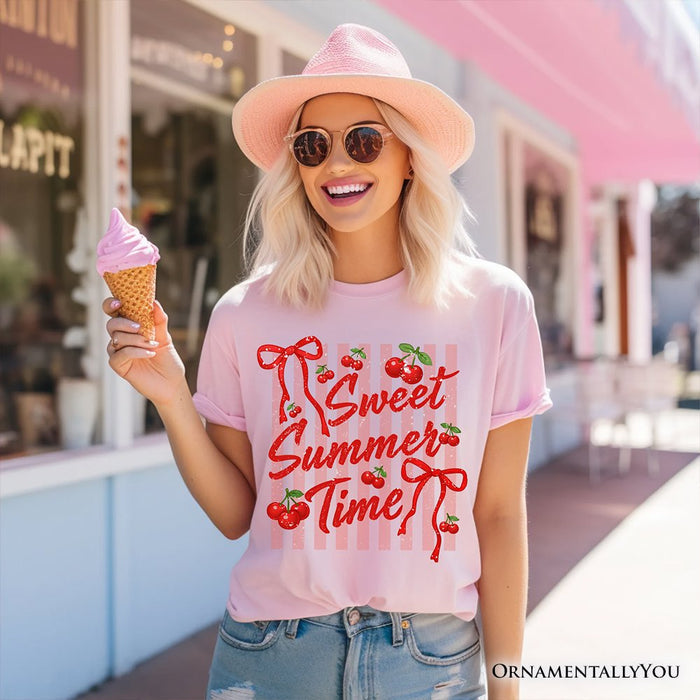 Striped Cherry Sweet Summer Time T-Shirt, Coquette Vacation Tee T-Shirts OrnamentallyYou