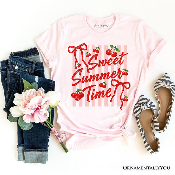 Striped Cherry Sweet Summer Time T-Shirt, Coquette Vacation Tee T-Shirts OrnamentallyYou Soft Pink XS