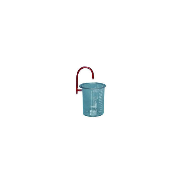 A clear plastic beaker with measurements sits on a white background; a red hook-shaped tube is attached to its side.