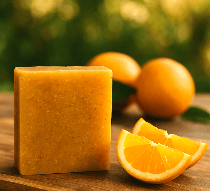 Sun Kissed Orange Soap Bar - Soap Boutique next to fresh orange slices on a wooden table with a blurred background.