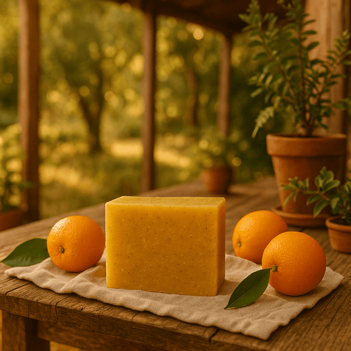 Sun Kissed Orange Soap Bar - Soap Boutique with fresh oranges, placed on a cloth in a garden setting.