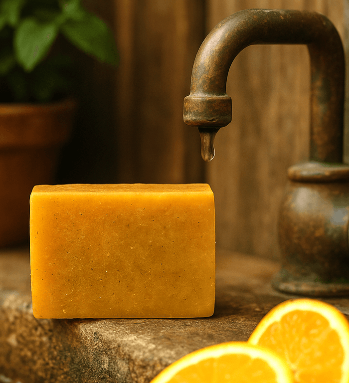 Sun Kissed Orange Soap Bar - Soap Boutique sitting beside fresh orange slices and a vintage faucet.