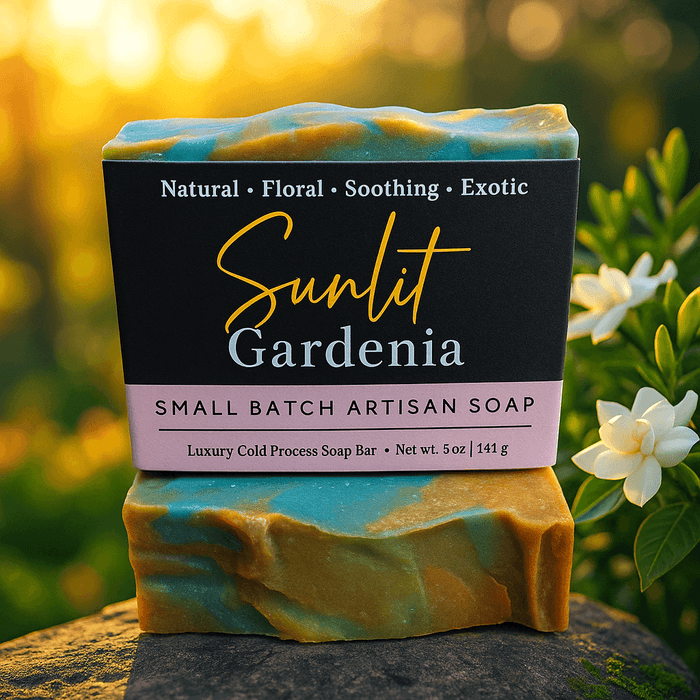 Sunlit Gardenia Soap Bar - Soap Boutique, artisan soap with floral colors and natural ingredients, highlighting soothing gardenia scent.